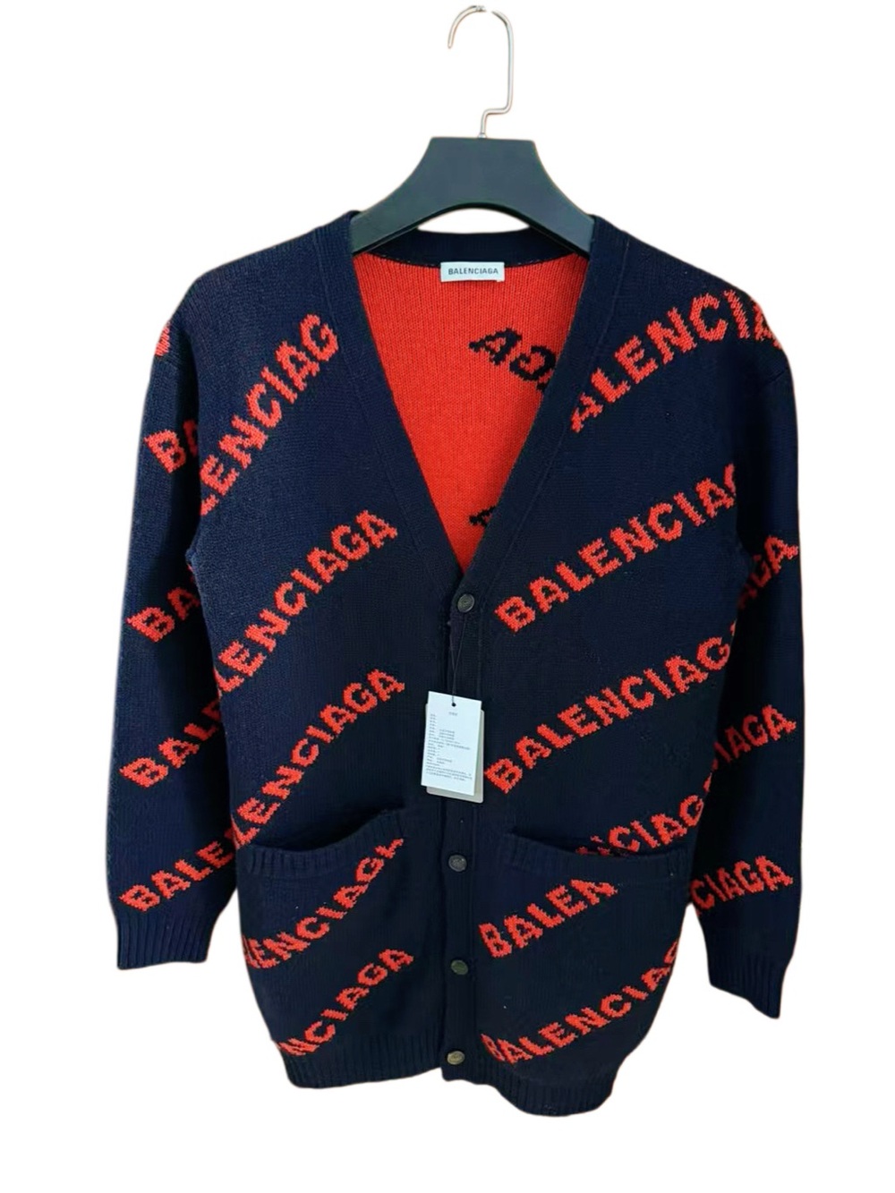 🚩steal Balenciaga Navy and Red Logo Knit Cardigan